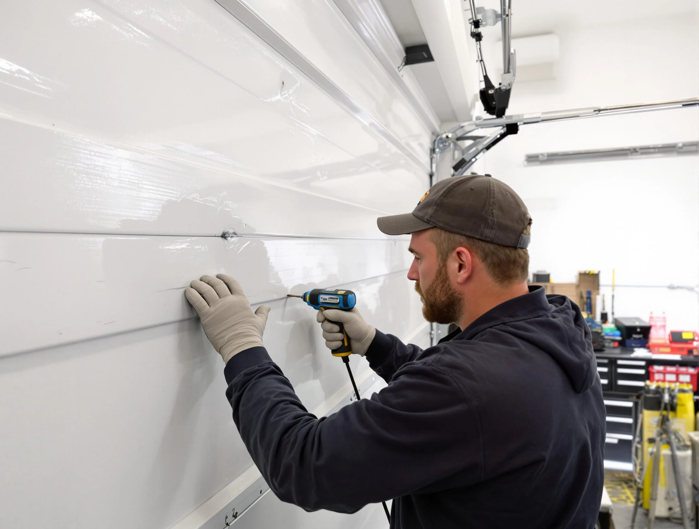 Nashville Garage Door Repair technician demonstrating precision dent removal techniques on a Nashville garage door